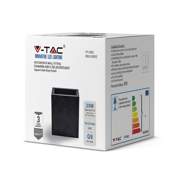 V-TAC VT-892-DG - LED-Strahler - Betonwandleuchte - G9 - IP20 - Dunkelgrau - Modell Nr: -