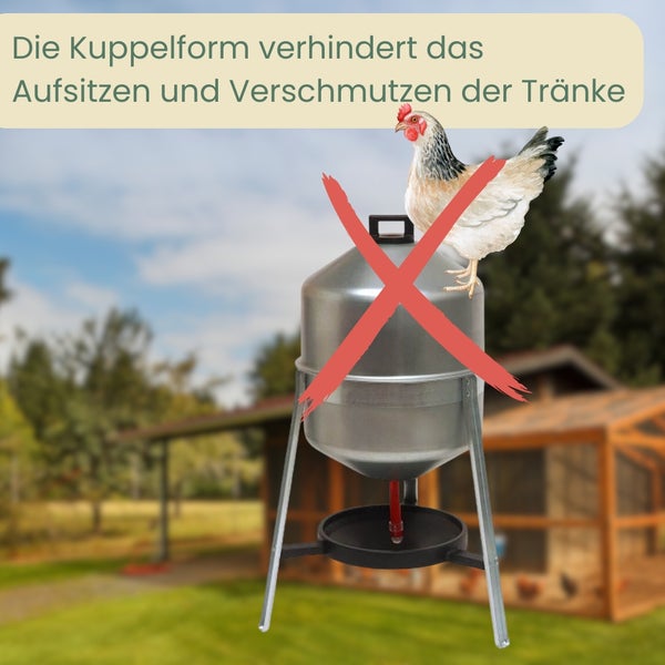 Eine Hühnertränke mit einem roten Kreuz darauf, um zu zeigen, dass die Kuppelform das Aufsitzen und Verschmutzen verhindert.