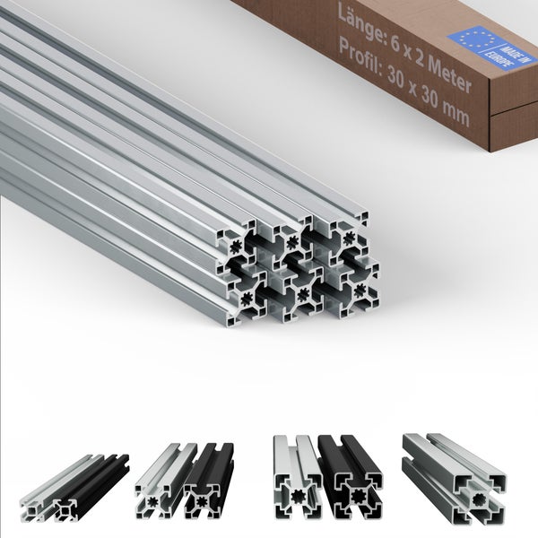 Aluminiumprofile mit den Maßen 30 x 30 Millimeter und einer Länge von 6 x 2 Metern, verpackt in einem Karton mit dem Aufdruck Made in Europe.