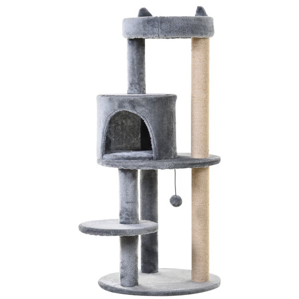 PawHut Katzenbaum 4-Stock Katzenhöhle Katzenhaus mit Spielbällen Sitzstange Sisalsäule und Kratzbrett groß stabil luxuriös Sisal Plüsch Grau 48x48x104 cm