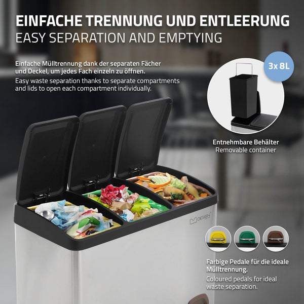 ML-Design Mülleimer Küche 3x 8L (24L), Silber, Mülltrennsystem 3 Fächer, Treteimer zur Mülltrennung, Abfalleimer aus Edelstahl mit Inneneimer aus Kunststoff & Klappdeckel, farblicher Kennzeichnung