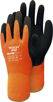 Ein Paar Winterhandschuhe mit Latex-Beschichtung und Zertifizierungen für Kälteschutz und mechanische Gefahren.