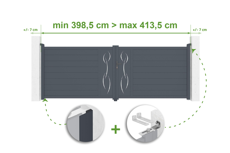 Illustration eines Schiebetors mit Breitenangaben und Details zur Montage