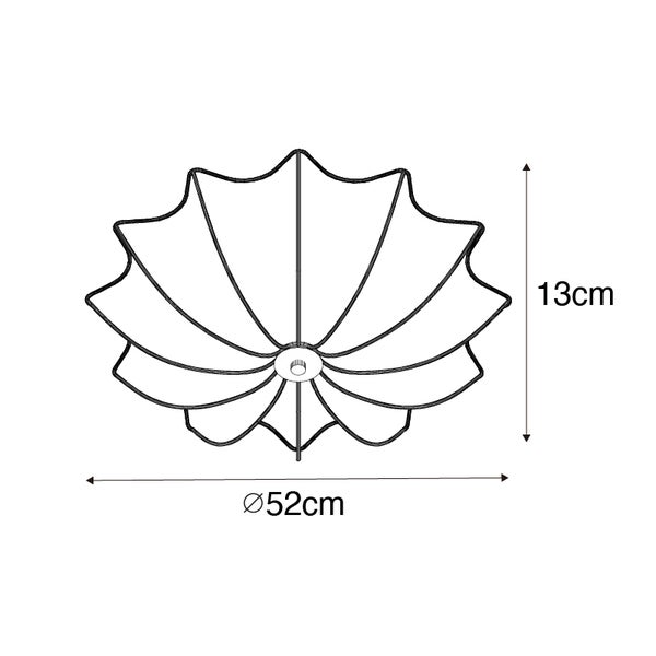 Maßzeichnung einer wellenförmigen Deckenleuchte mit einem Durchmesser von 52 Zentimeter und einer Höhe von 13 Zentimeter.