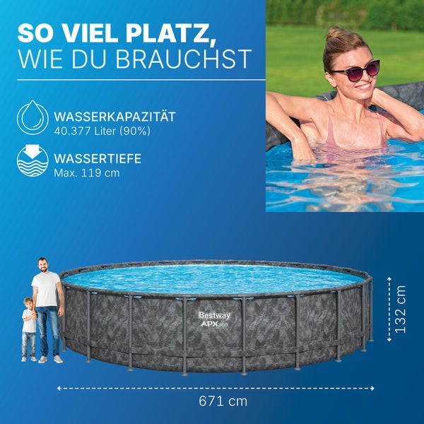 Bestway Frame Pool mit einer Wasserkapazität von 40377 Litern und einer maximalen Wassertiefe von 119 Zentimetern, Größenangaben 671 cm und 132 cm