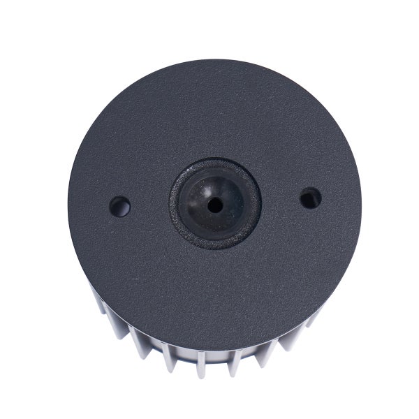 Runde Montageplatte für einen Außenstrahler oder eine LED-Leuchte mit zentralem Kabeleingang und Kühlrippen.