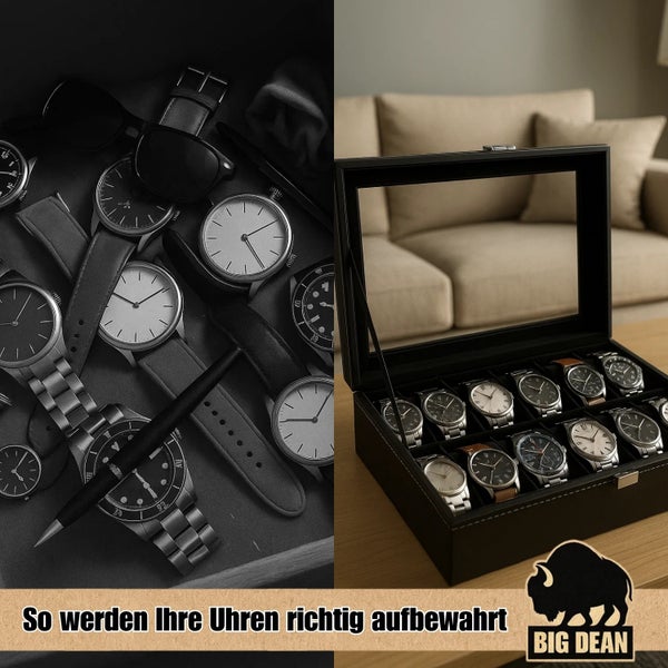 Big Dean Uhrenbox aus schwarzem Kunstleder mit 12 Fächern, Glassichtfenster und Uhrenkissen, gefüllt mit verschiedenen Armbanduhren.