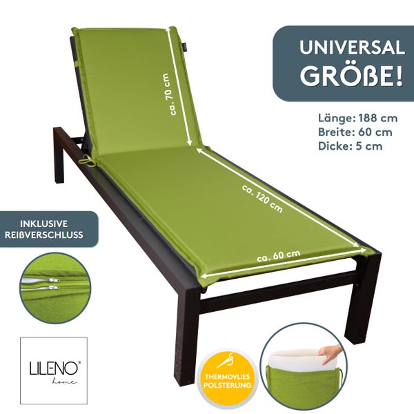 Grüne Liegenauflage von Lileno Home in Universalgröße von circa 188 mal 60 Zentimetern mit Reißverschluss und Thermovlies-Polsterung.
