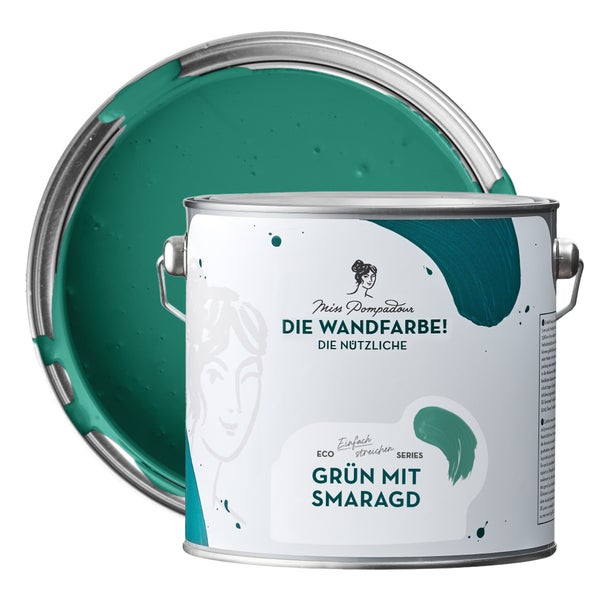 MissPompadour abwaschbare Wandfarbe 2.5L Grün mit Smaragd - hohe Deckkraft und Ergiebigkeit - matte, scheuerbeständige Innenfarbe - geruchsarm, wasserbasiert, atmungsaktiv - Die Nützliche