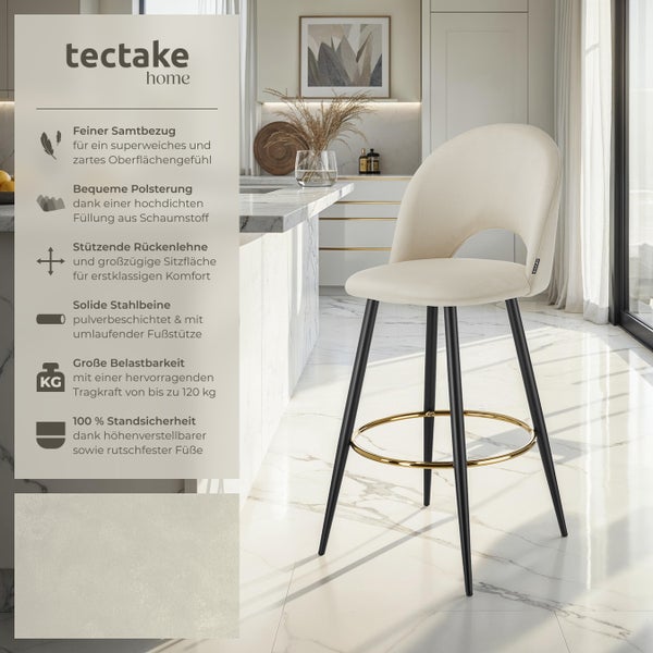 Barstuhl tectake Sachel 49 x 58 x 110 cm, Belastbarkeit 120 kg in Samtoptik, gepolstert creme/schwarz