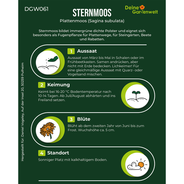 Infografik zum Sternmoos von Deine Gartenwelt Logo mit Details zu Aussaat, Keimung bei 16 bis 20 Grad Celsius, Blüte ab Juni und Standort.