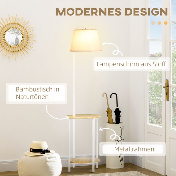Stehlampe mit Stoffschirm, Bambustisch und Metallrahmen im modernen Design