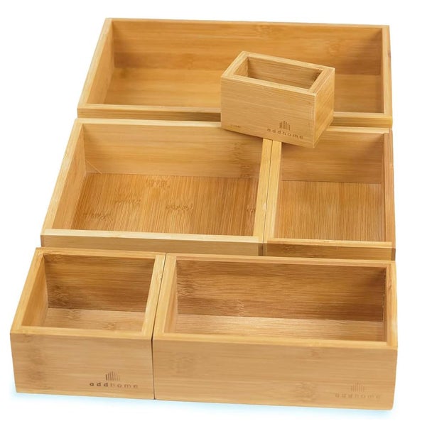 Set aus Bambus Aufbewahrungsboxen in verschiedenen Größen für die Schubladenorganisation