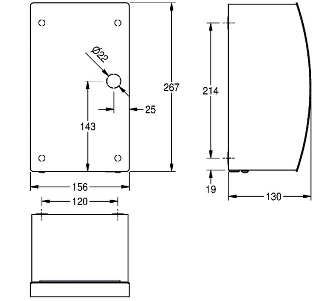 Maßzeichnung eines rechteckigen Gehäuses in Frontansicht, Seitenansicht und Draufsicht mit Maßangaben in Millimetern.