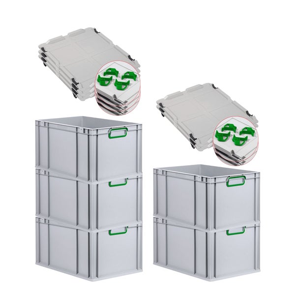PROREGAL Spar Set 5x Eurobox Nextgen Color Mit Auflagedeckel & Schiebeschnappverschlüsse HxBxT 32 x 40 x 60 cm Griffe Grün Verstärkter Boden