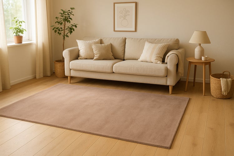 Ein unifarbener Teppich liegt in einem hellen, modern eingerichteten Wohnzimmer vor einem Sofa aus Stoff.