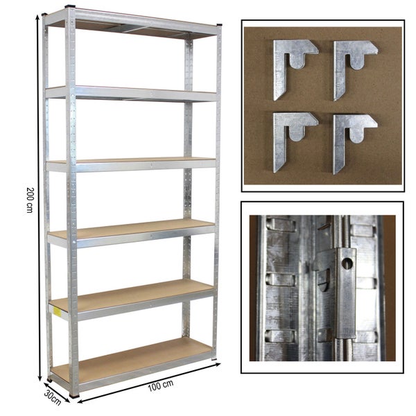 Detailansicht des schraubenlosen Montagesystems eines Metallregals mit Sicherungsclips und Holzböden.