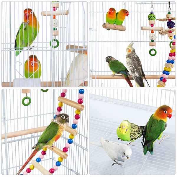Vogelkäfig mit verschiedenen Papageien und Sittichen, inklusive Zubehör wie Leitern und Spielzeug
