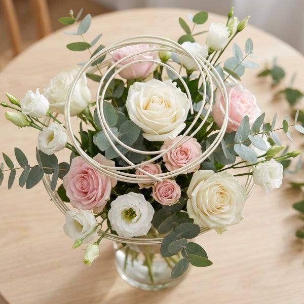 Blumenstrauß aus Rosen und Lisianthus mit dekorativen silberfarbenen Drahtringen in einer Glasvase auf einem Holztisch.