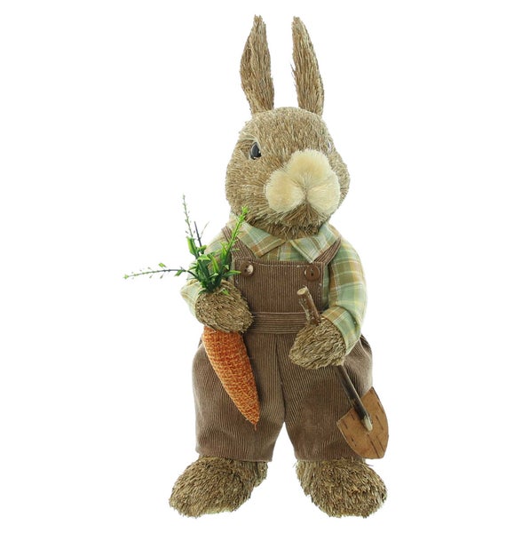 FRANK FLECHTWAREN | Hasenfigur Rüdiger, KUNSTSTOFF, STROH, HOLZ, TEXTIL, 18 x 17 x 38 cm