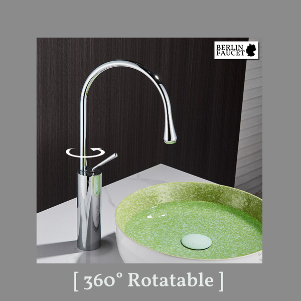 Moderne Berlin Faucet Waschtischarmatur in Chrom mit 360 Grad schwenkbarem Auslauf auf einem Waschtisch mit grünem Aufsatzwaschbecken.
