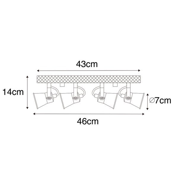 Technische Zeichnung einer Deckenleuchte mit vier Strahlern, Abmessungen 43 mal 46 mal 14 cm und Durchmesser der Strahler von 7 cm.