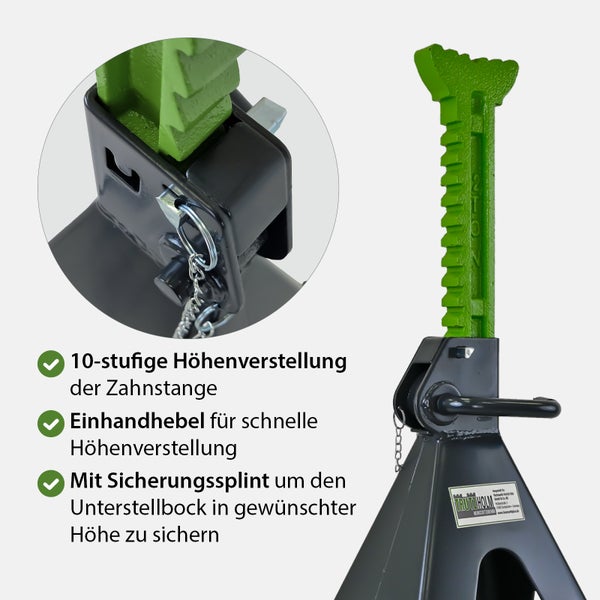 Trutzholm Unterstellbock mit 10 stufiger Höhenverstellung und Sicherungssplint für sicheres Arbeiten am Fahrzeug.
