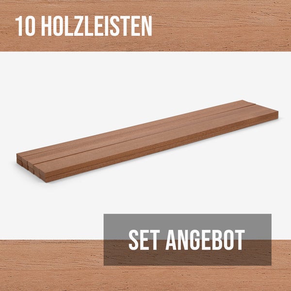 Set-Angebot mit 10 rötlich-braunen rechteckigen Holzleisten mit sichtbarer Holzmaserung.