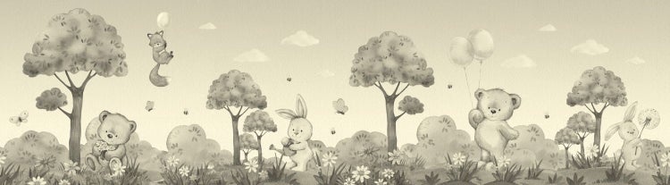 Illustration einer Waldlandschaft mit Tieren, Bäumen und Blumen