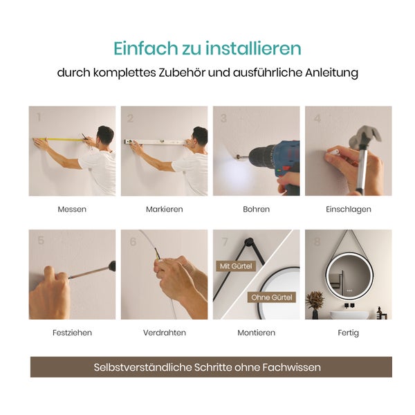 EMKE Badspiegel mit Beleuchtung LED-Spiegel mit Touchschalter ф60cm,  rund, Anti-Beschlag, 3 dimmbare Lichtfarben