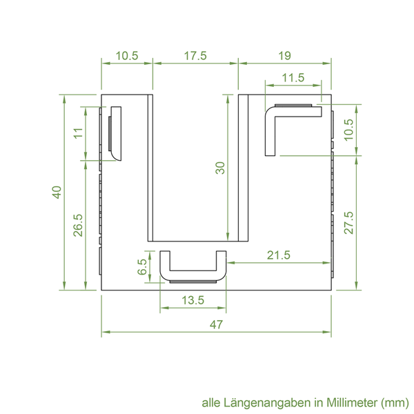 Technische Zeichnung mit Maßangaben eines U-förmigen Bauteils in Millimeter zur Montageplanung.