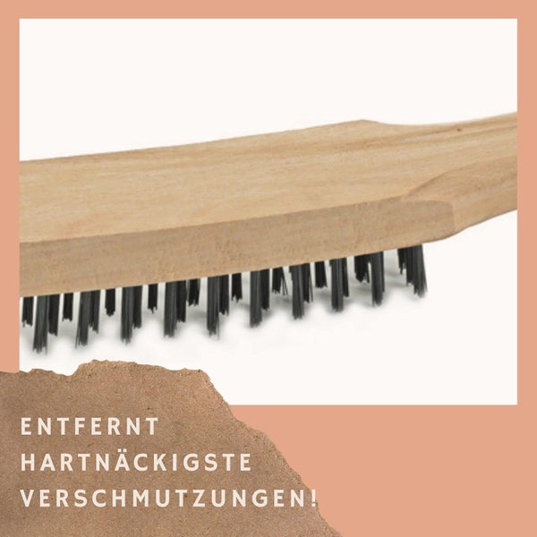 Drahtbürste mit Holzstiel zur Entfernung von hartnäckigen Verschmutzungen.