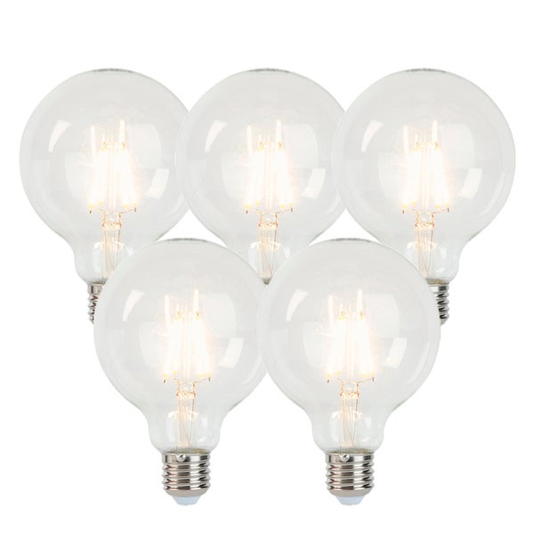 Fünf klare LED-Filament-Globelampen mit E27 Sockel.