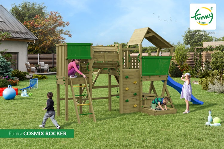 Holz-Spielgerüst Funky Combo Cosmix Rocker mit Rutsche, Kletterwand und Sandkasten in einem hellen Garten mit spielenden Kindern.