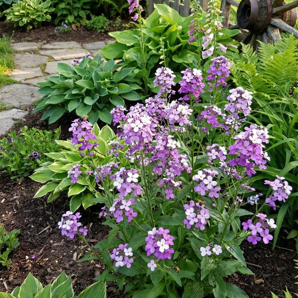 Gartenbeet mit violetten und weißen Blüten, grünen Funkien und Farnen neben einem Steinpfad mit einem dekorativen Holzrad im Hintergrund.