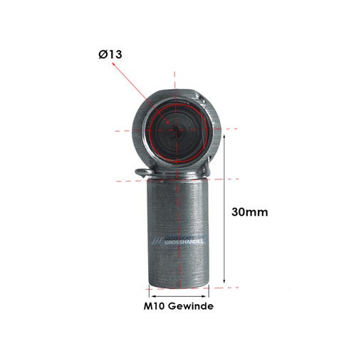 Kugelpfanne aus Metall mit M10-Gewinde, 30 Millimeter Länge und 13 Millimeter Durchmesser.
