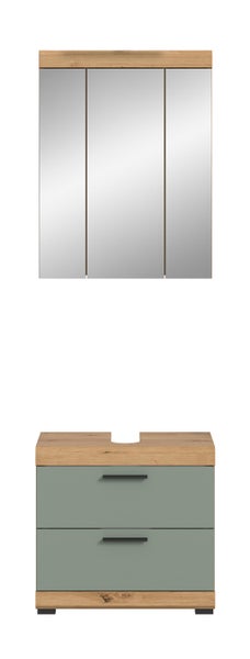 Badmöbel-Set bestehend aus Spiegelschrank mit drei Türen und Waschtischunterschrank mit zwei Schubladen in Holzoptik und Grün.