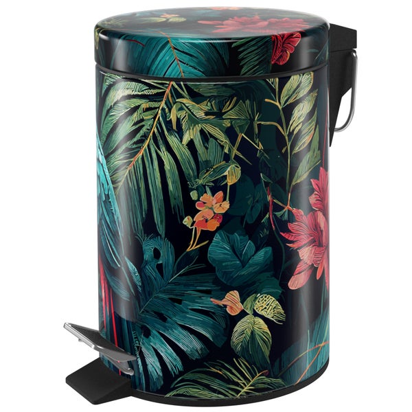 Tretabfalleimer mit tropischem Muster aus Blättern und Blumen, mit Fußpedal und Deckel.