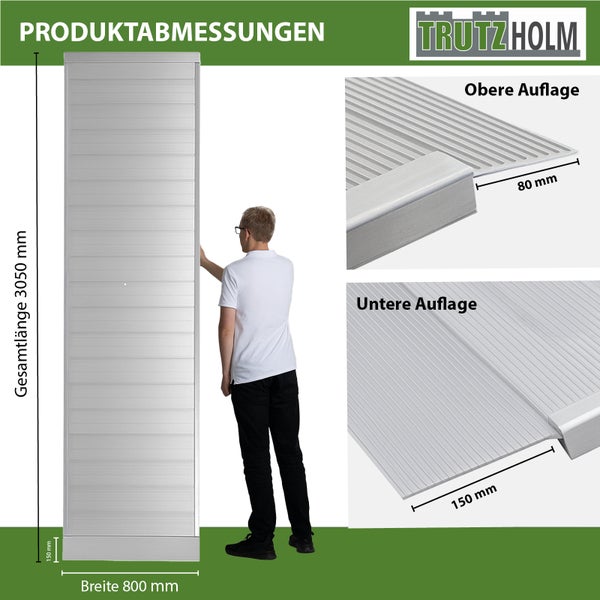 Produktabbildung eines Trutz Holm Artikels mit Maßangaben: 3050 mm Gesamtlänge, 800 mm Breite. Detailansichten der oberen Auflage (80 mm) und unteren Auflage (150 mm).