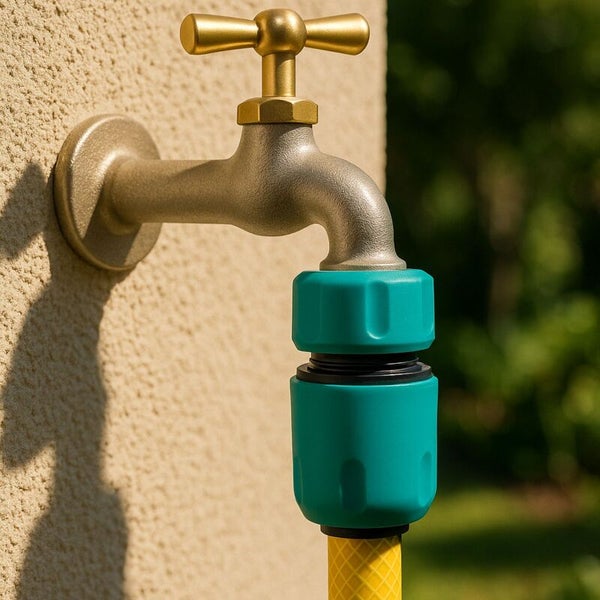 Messingfarbener Außenwasserhahn an einer Hauswand mit grünem Schlauchstück und gelbem Gartenschlauch.