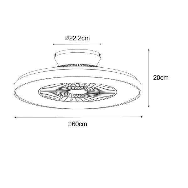 Maßskizze eines Deckenventilators mit Licht: Durchmesser 60 Zentimeter, Höhe 20 Zentimeter, Baldachin-Durchmesser 22,2 Zentimeter.