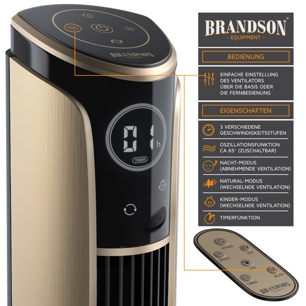 Brandson, Turmventilator mit Fernbedienung 108 cm, Ventilator 10 Grad neigbar, Standventilator, Säulenventilator mit Oszillation, 3 Geschwindigkeiten