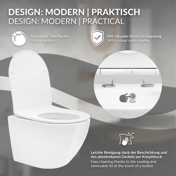 ECD Germany Spülrandloses Hänge WC kurz 49 cm Weiß glänzend mit Nano Beschichtung, Wand-WC, Toilette mit abnehmbaren WC-Sitz aus Duroplast Softclose Absenkautomatik, Tiefspüler WC Keramik Lotus Effekt
