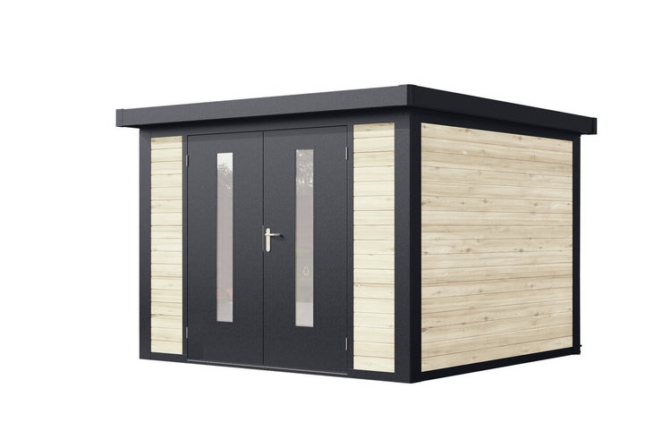 Modernes Gartenhaus mit Flachdach und Doppelflügeltür inklusive Glaseinsätzen, gefertigt aus Holz und Metall.
