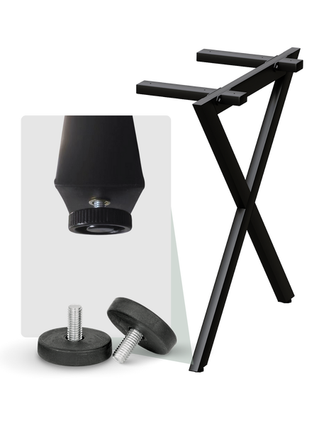 Schwarzes Tischgestell in X-Form aus Metall mit verstellbaren Füßen.