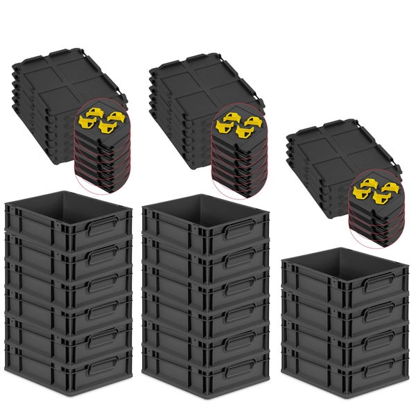 PROREGAL SuperSparSet 16x Eurobox NextGen Grip mit Auflagedeckel inkl. 4 gelben Schiebeschnappverschlüssen, HxBxT 12x30x40cm, 11 Liter, Schwarz, Griffe geschlossen, Eurobehälter, Transportbox, Transportbehälter, Stapelbehälter