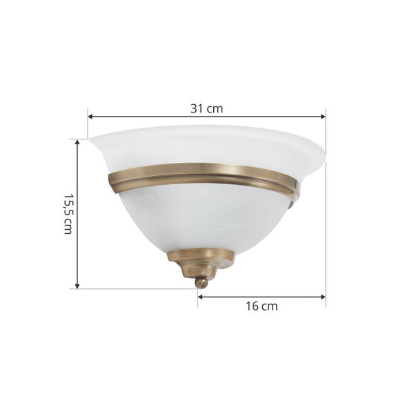 Halbrunde Wandleuchte aus weißem Glas mit Messing-Elementen, Breite 31 Zentimeter, Höhe 15,5 Zentimeter, Tiefe 16 Zentimeter.