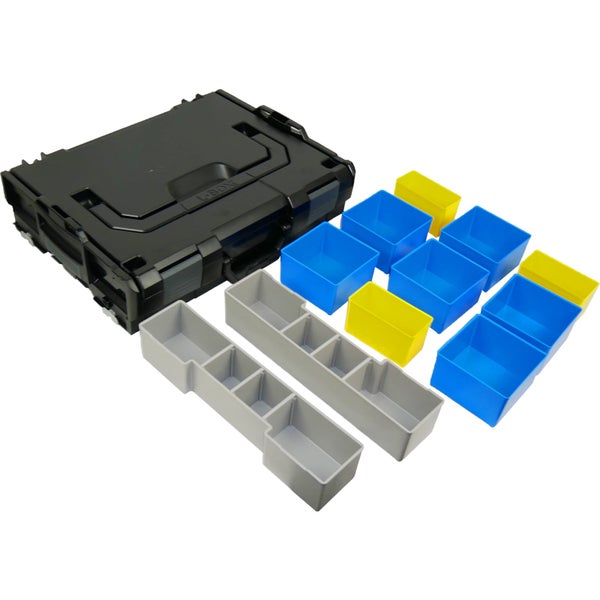 L-Boxx Werkzeugkoffer aus Kunststoff mit verschiedenen farbigen Einsatzboxen zur Kleinteileaufbewahrung.