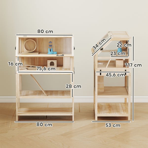 Kleintierstall aus Holz mit mehreren Ebenen und Zubehör sowie detaillierten Maßangaben in Zentimeter für Breite, Höhe und Tiefe.
