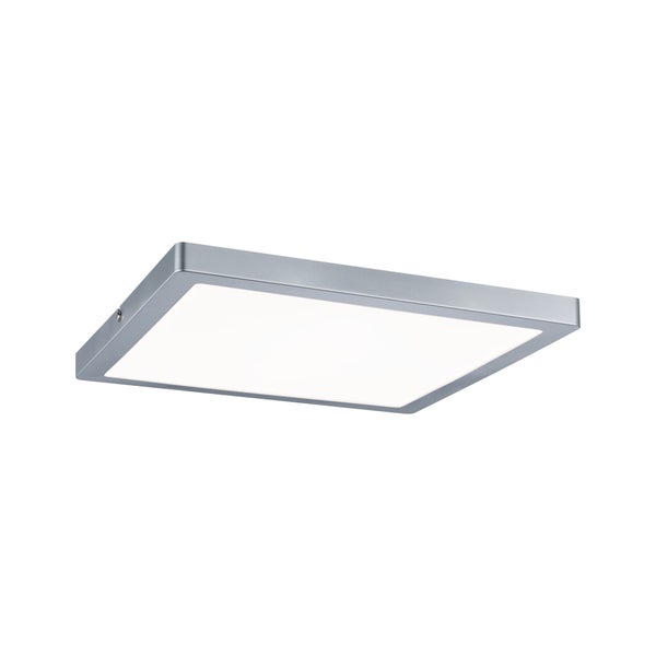Quadratisches LED-Panel für die Decke mit silbernem Metallrahmen und weißer Leuchtfläche.